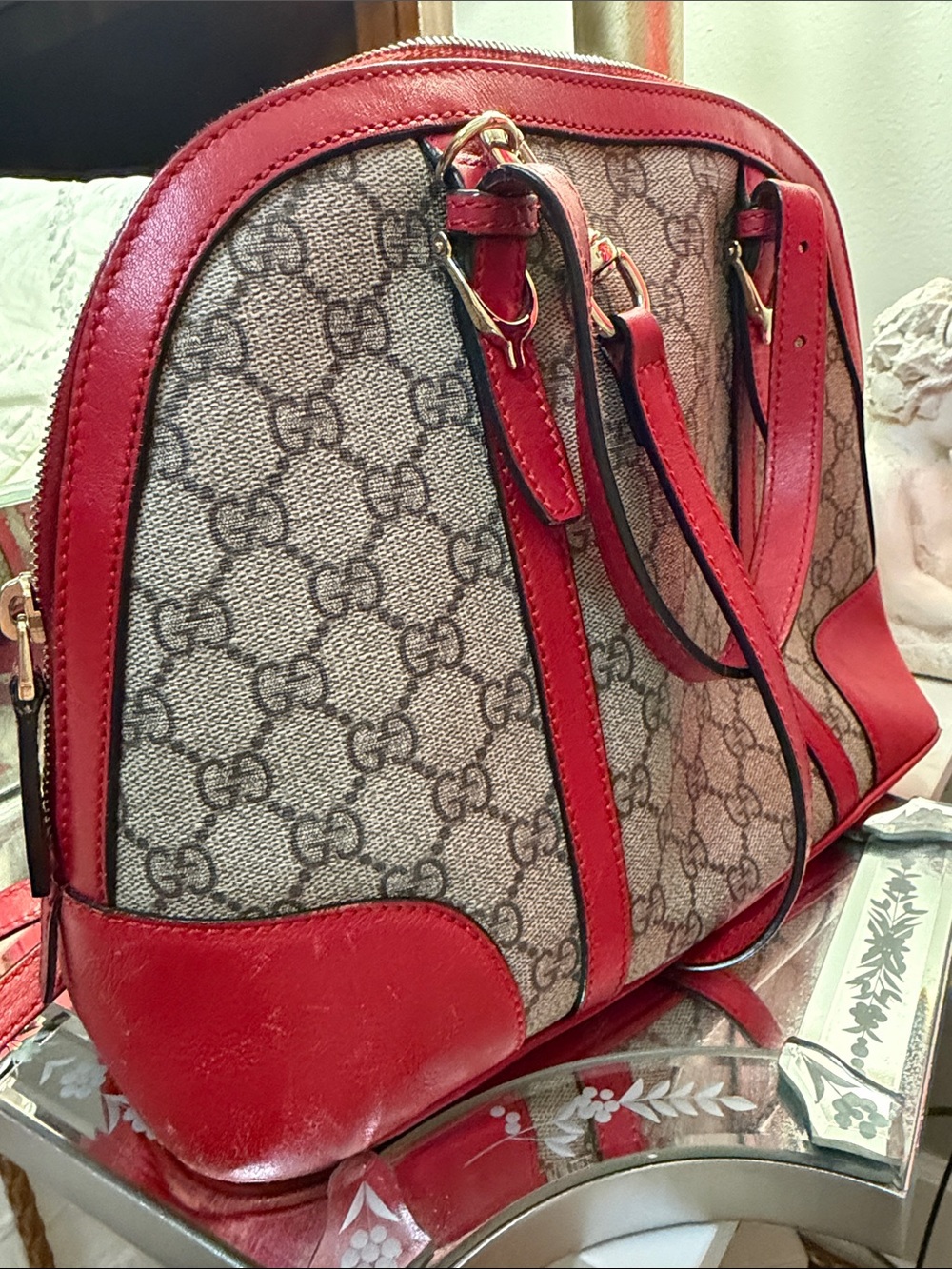 GUCCI Beige GG Supreme Satchel w/Red Leather Trim, dust bag, detachable Gucci - Picture 2 of 12
